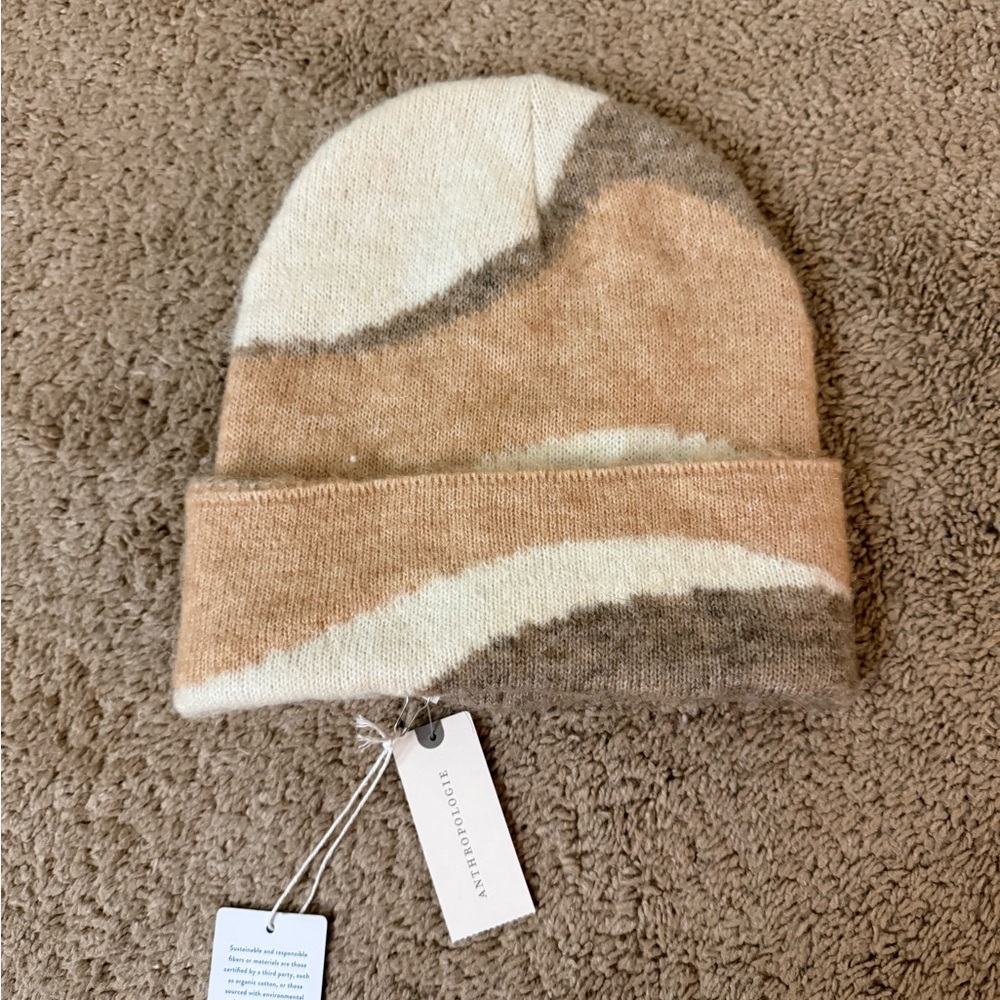 Beige and Brown Knit Beanie